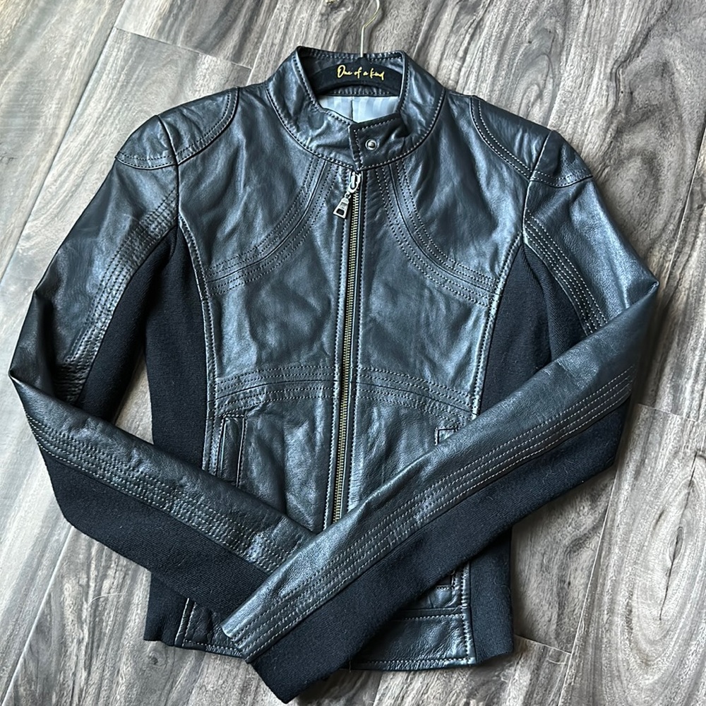 Black Leather Panel Moto Jacket by Dana Buchman